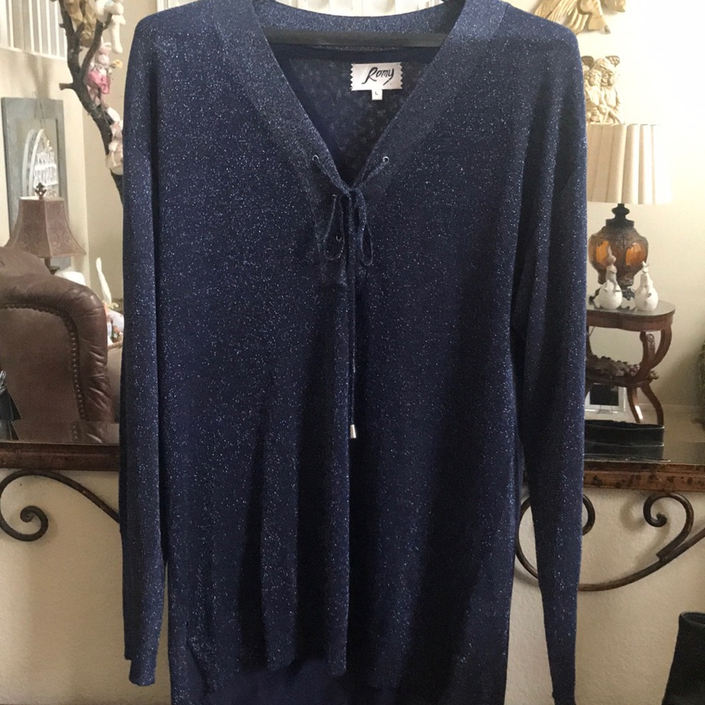 Metallic blue lace up sweater